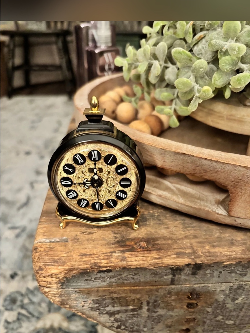 Small Vintage German Black and Gold Decorative Table Clock - Elegant Home Decor